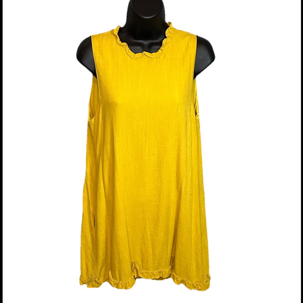Very J Ruffle Collared Neck & trim shift dress in linen Must Yellow- Size Medium
